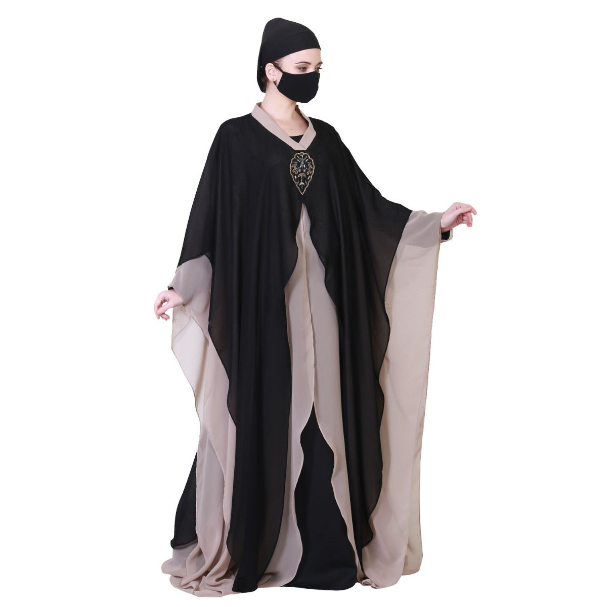 Three Pieces Set Of An Inner Abaya, A Dual Layered Cape Like Shrug And A Matching Hijab