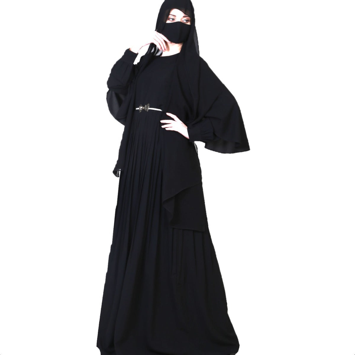 Elegant Dress With Metallic Belt And A Matching Hijab.