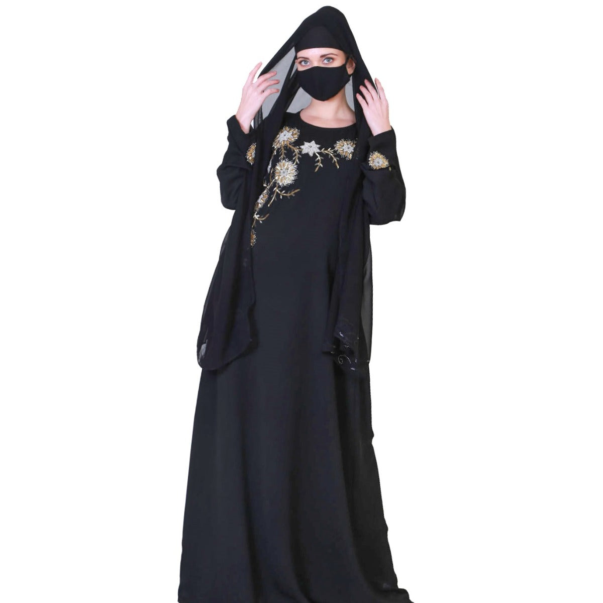 A Line Abaya Like Dress With Handwork On Bodice And Sleeves.