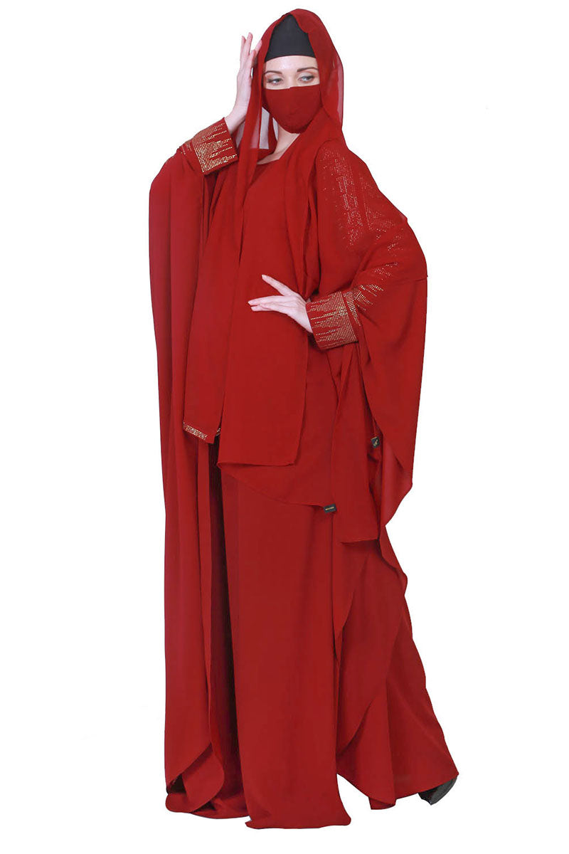 Beautiful Black Kaftan Abaya With Golden Stonework And A Matching Hijab.