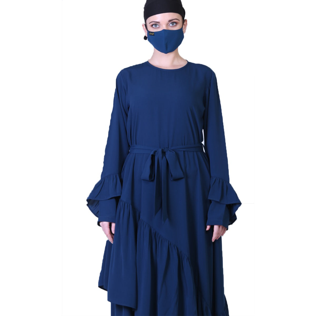 Pretty Dress With Frills, Bell Sleeves, Belt And A Stole Hijab