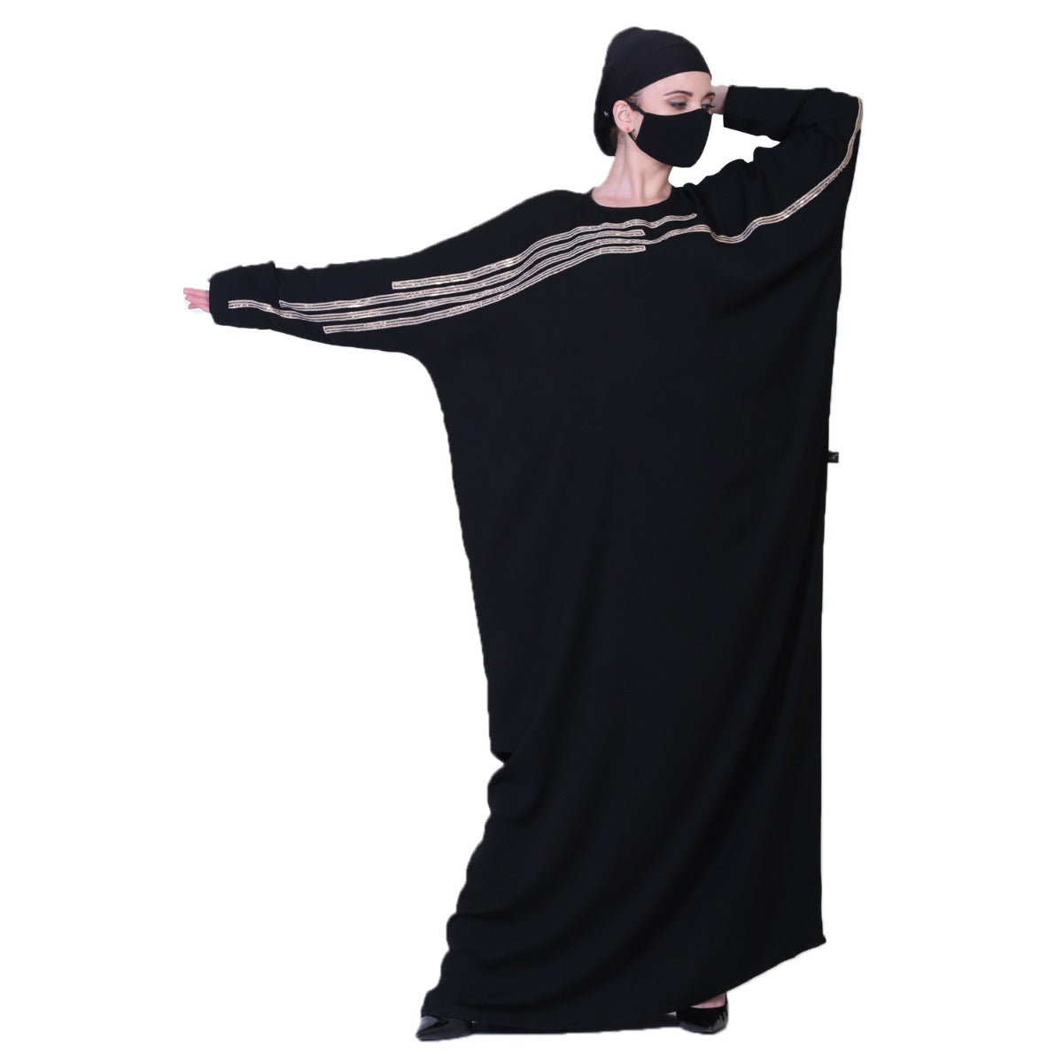 Beautiful Black Kaftan Abaya With Handwork Embellishments And A Matching Hijab.