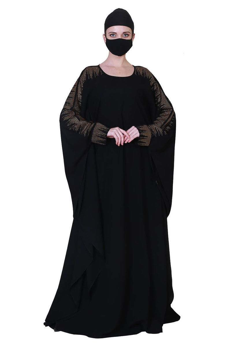 Beautiful Black Kaftan Abaya With Golden Stonework And A Matching Hijab.