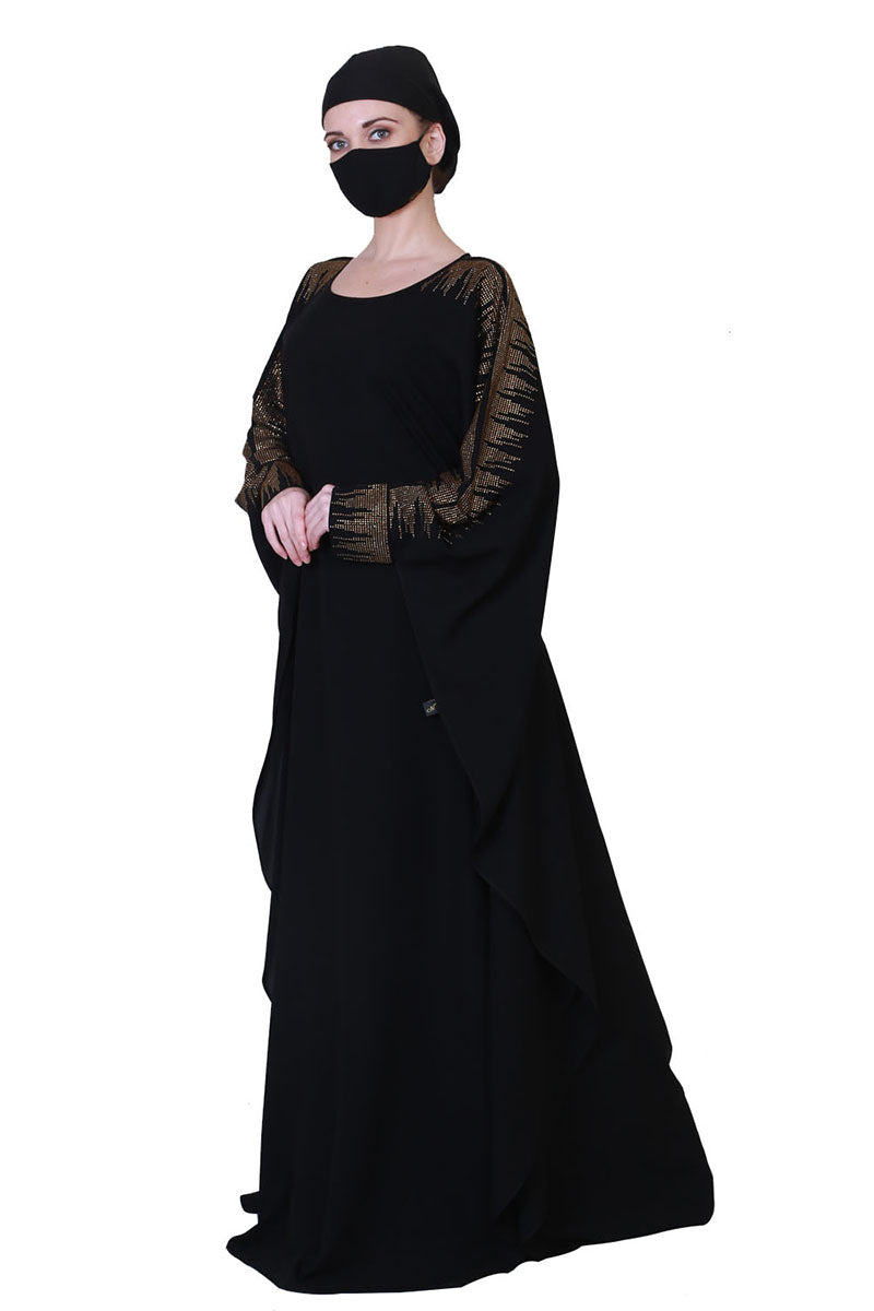 Beautiful Black Kaftan Abaya With Golden Stonework And A Matching Hijab.