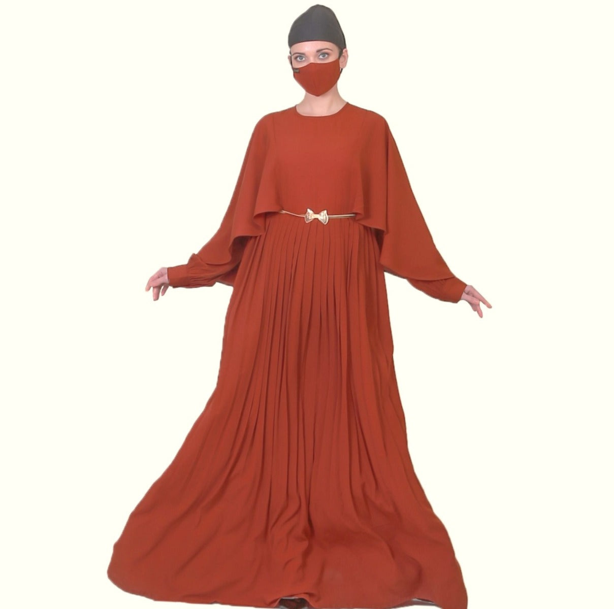 Elegant Dress With Metallic Belt And A Matching Hijab.