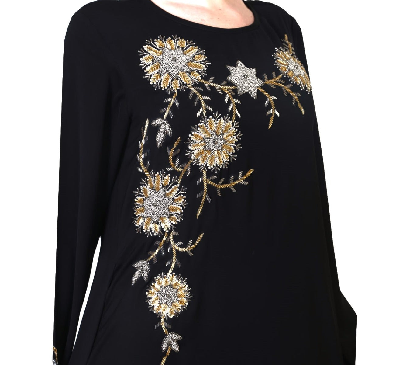 A Line Abaya Like Dress With Handwork On Bodice And Sleeves.