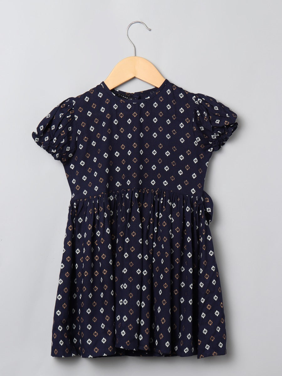 Printed Frock In Rayon Fabric With Elasticated Sleeves