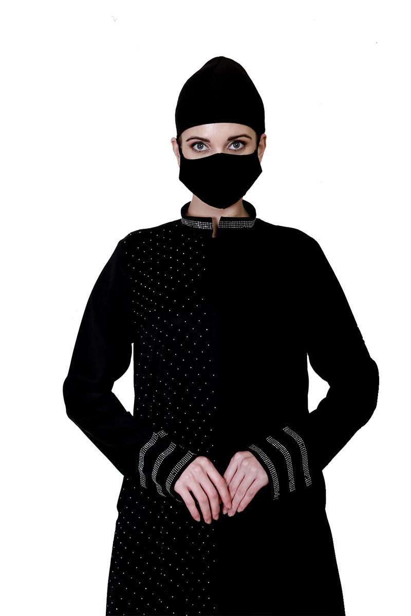 Front Open Abaya With Silver Diamond Stones In Asymmetrical Pattern.