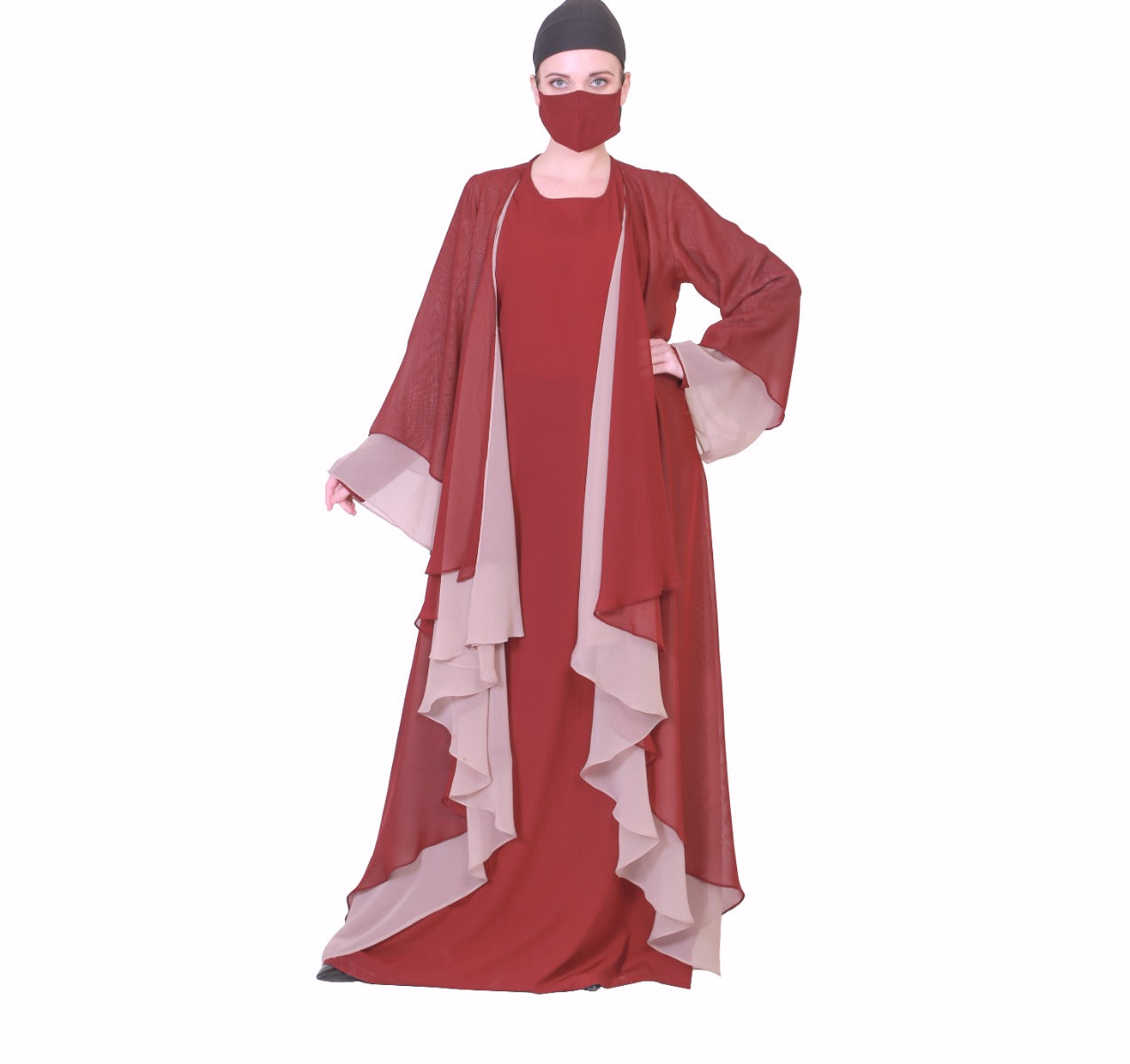 Three Pieces Set Of An Inner Abaya, A Dual Layered Shrug And A Matching Hijab