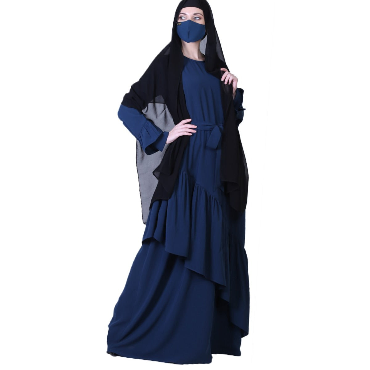 Pretty Dress With Frills, Bell Sleeves, Belt And A Stole Hijab