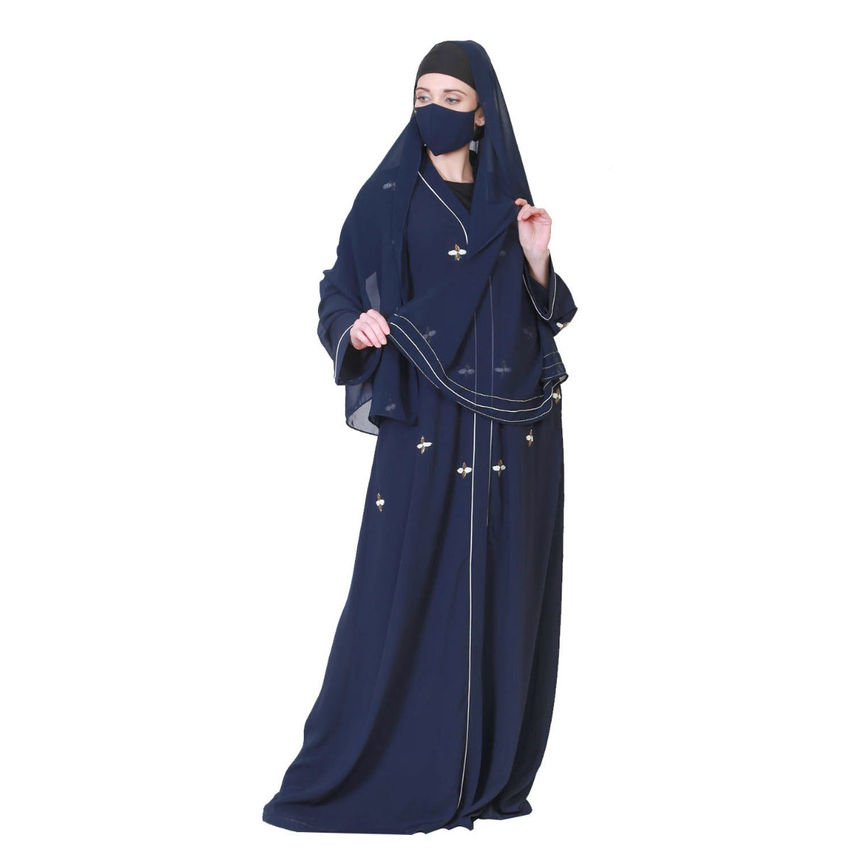 Front Open Abaya Like Dress With Handwork On Bodice And Sleeves.