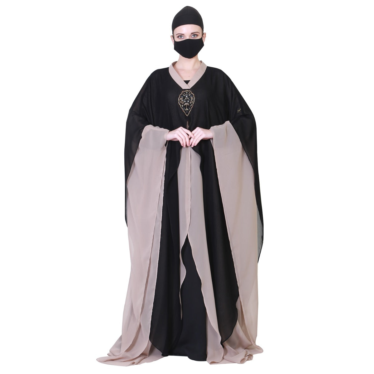 Three Pieces Set Of An Inner Abaya, A Dual Layered Cape Like Shrug And A Matching Hijab