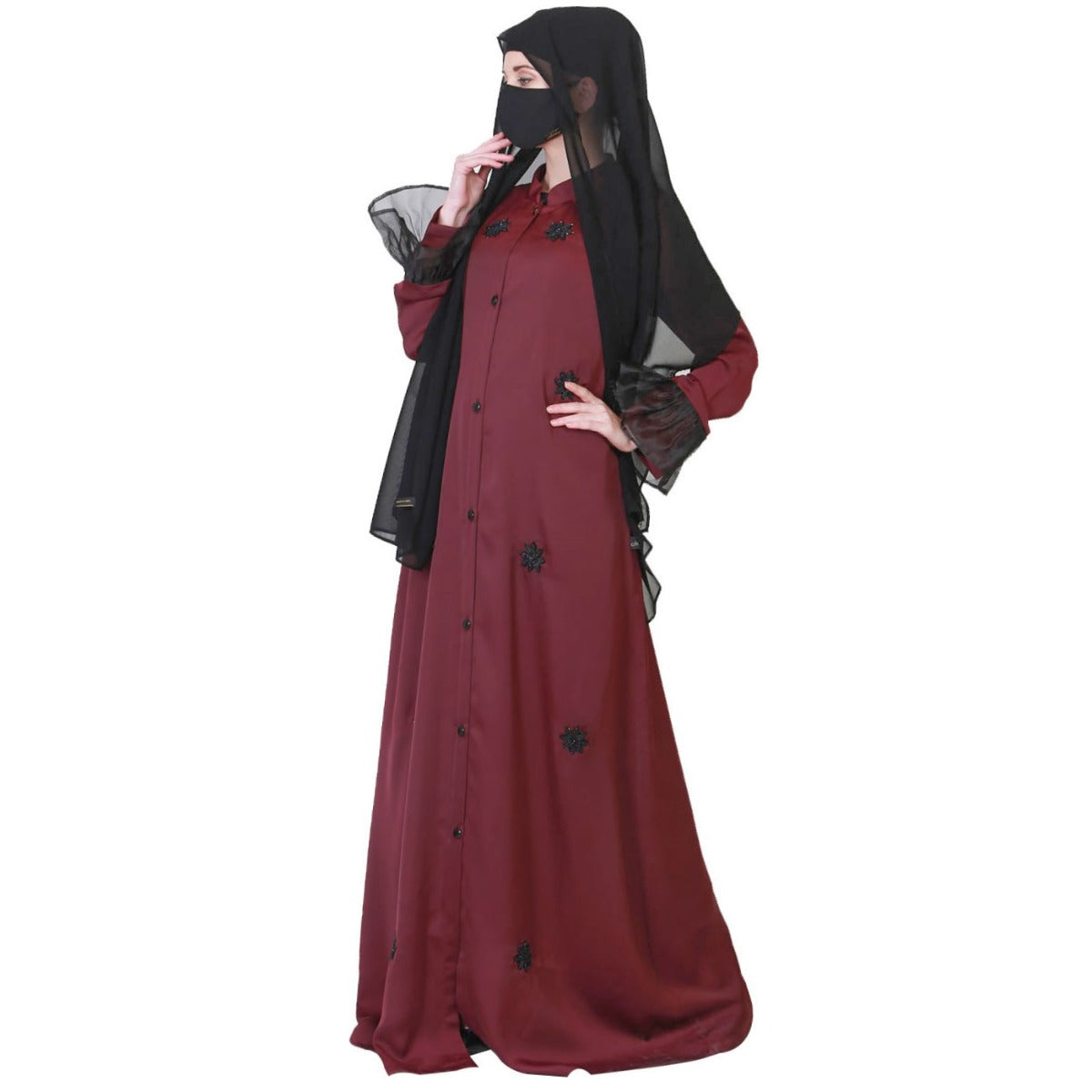 Front Open Abaya Like Dress With Handwork On Bodice And Organza Sleeves.