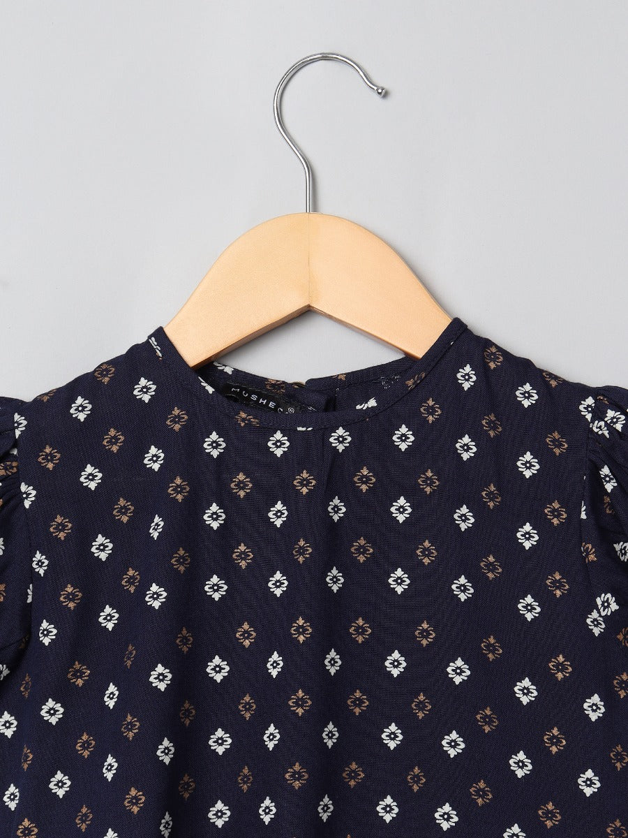 Printed Frock In Rayon Fabric With Elasticated Sleeves