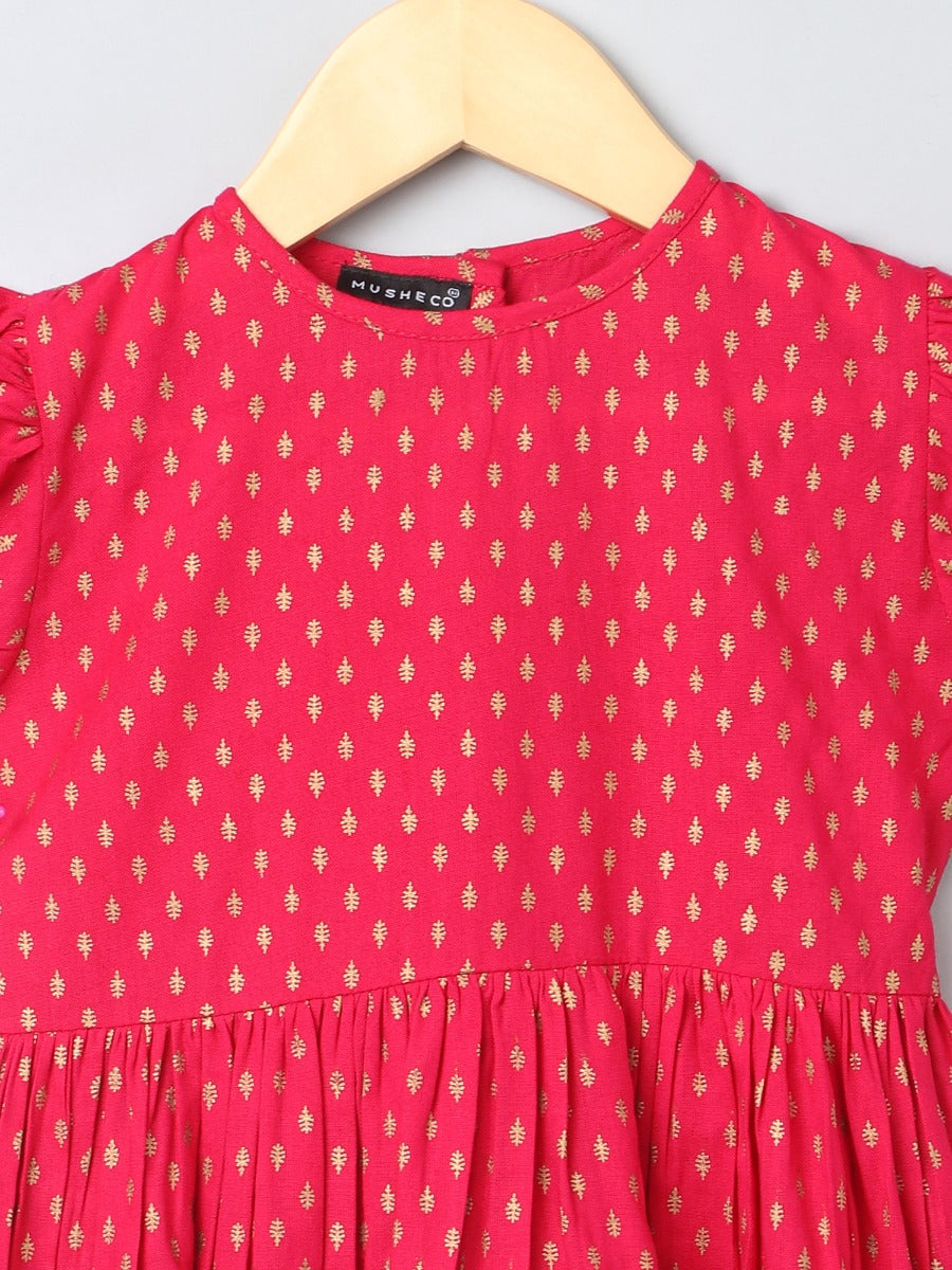 Printed Frock In Rayon Fabric With Elasticated Sleeves