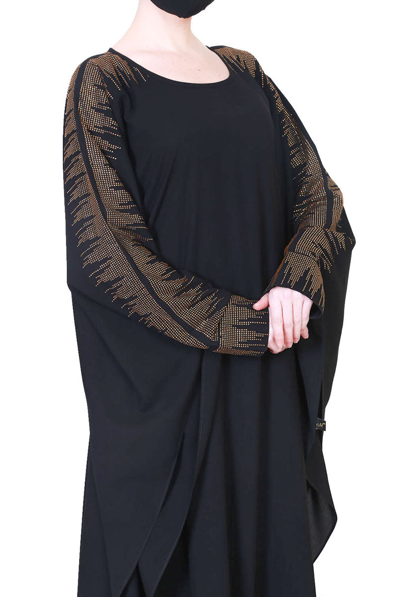Beautiful Black Kaftan Abaya With Golden Stonework And A Matching Hijab.