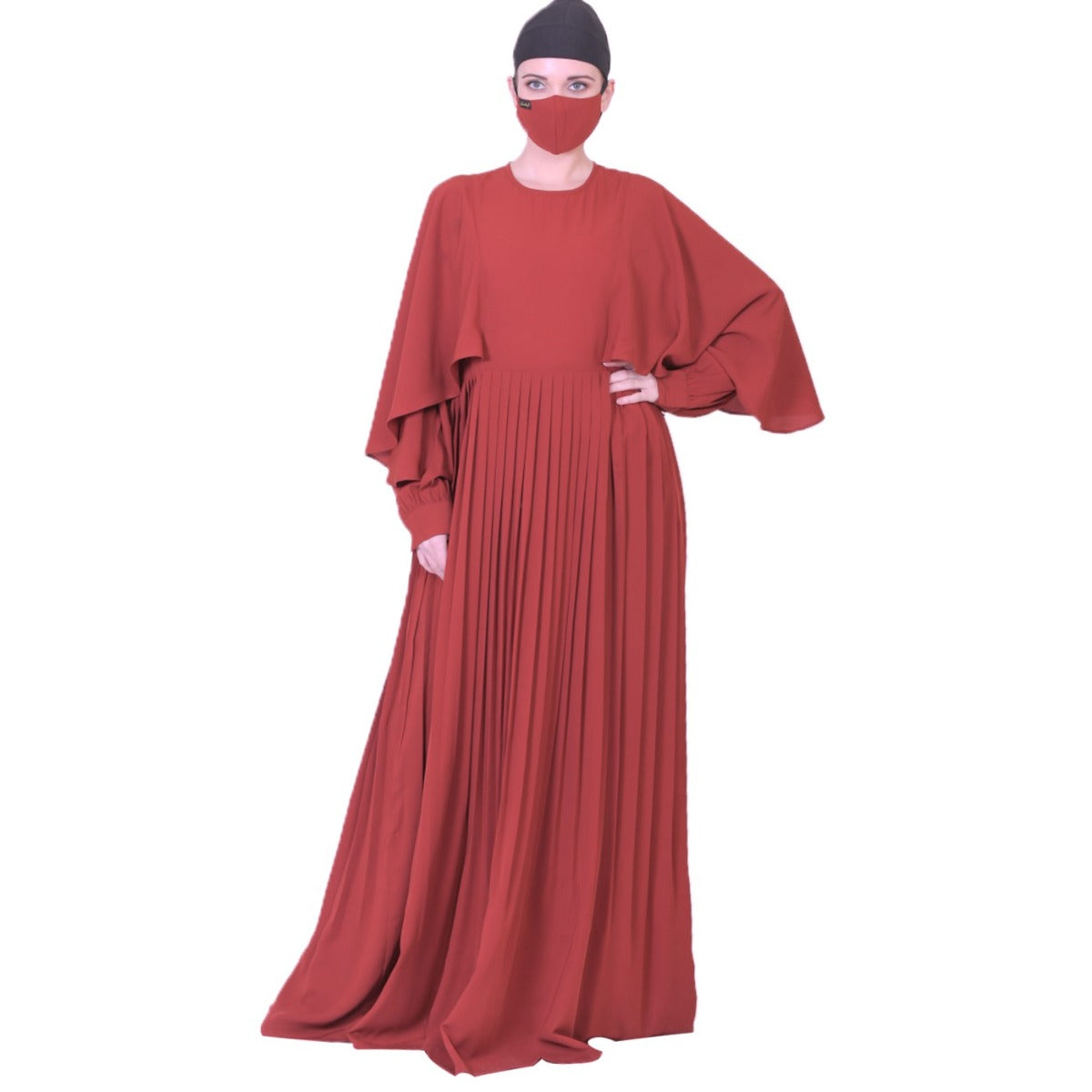 Elegant Dress With Metallic Belt And A Matching Hijab.