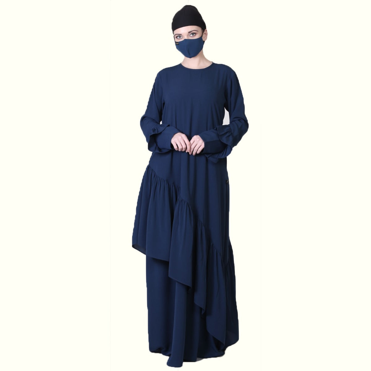 Pretty Dress With Frills, Bell Sleeves, Belt And A Stole Hijab