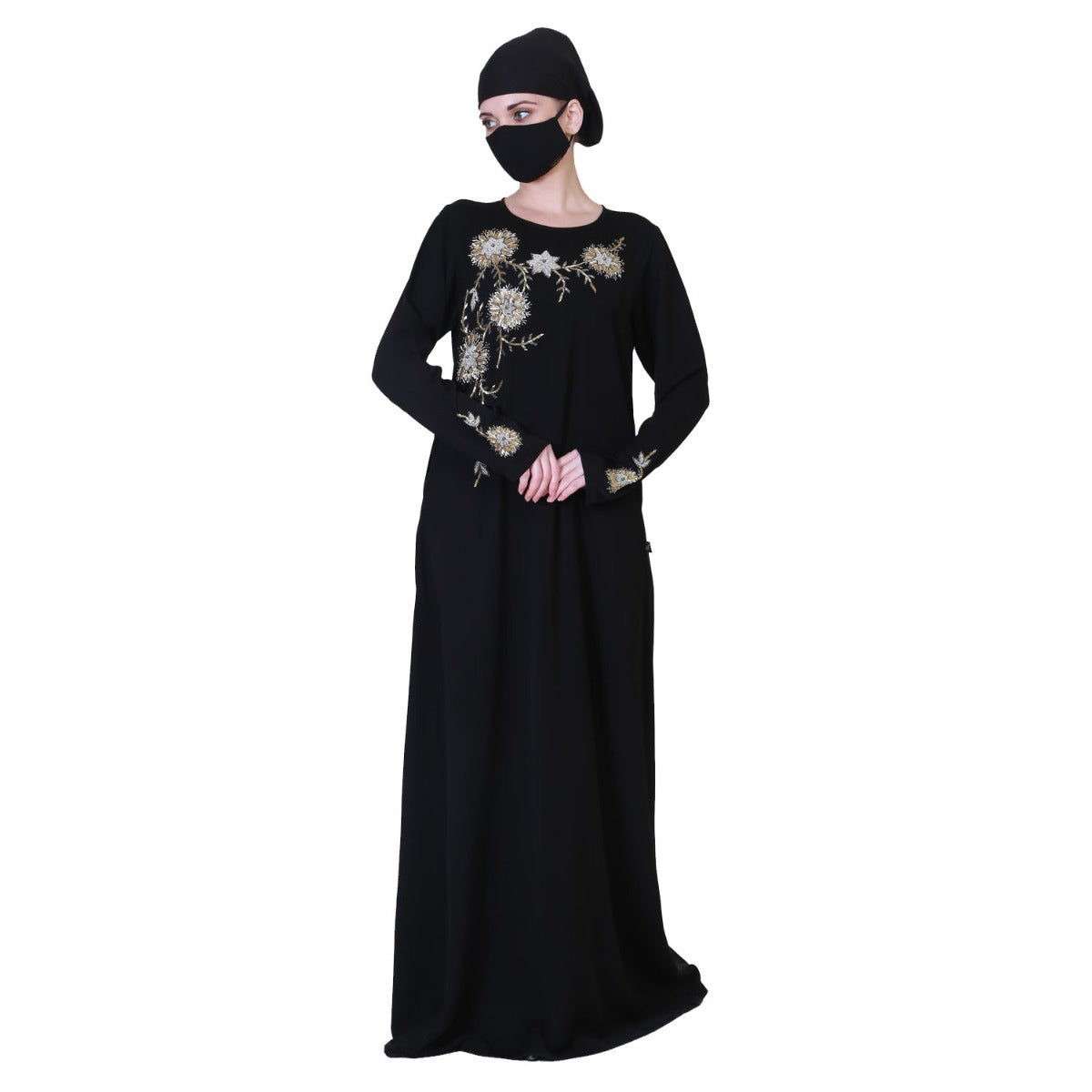 A Line Abaya Like Dress With Handwork On Bodice And Sleeves.