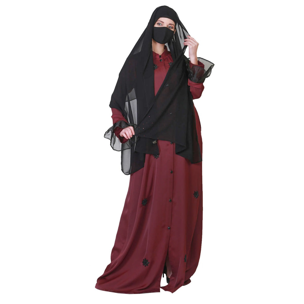 Front Open Abaya Like Dress With Handwork On Bodice And Organza Sleeves.