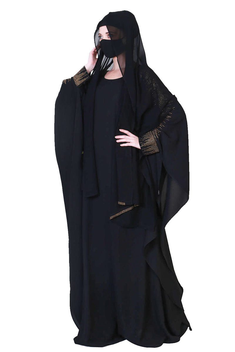Beautiful Black Kaftan Abaya With Golden Stonework And A Matching Hijab.