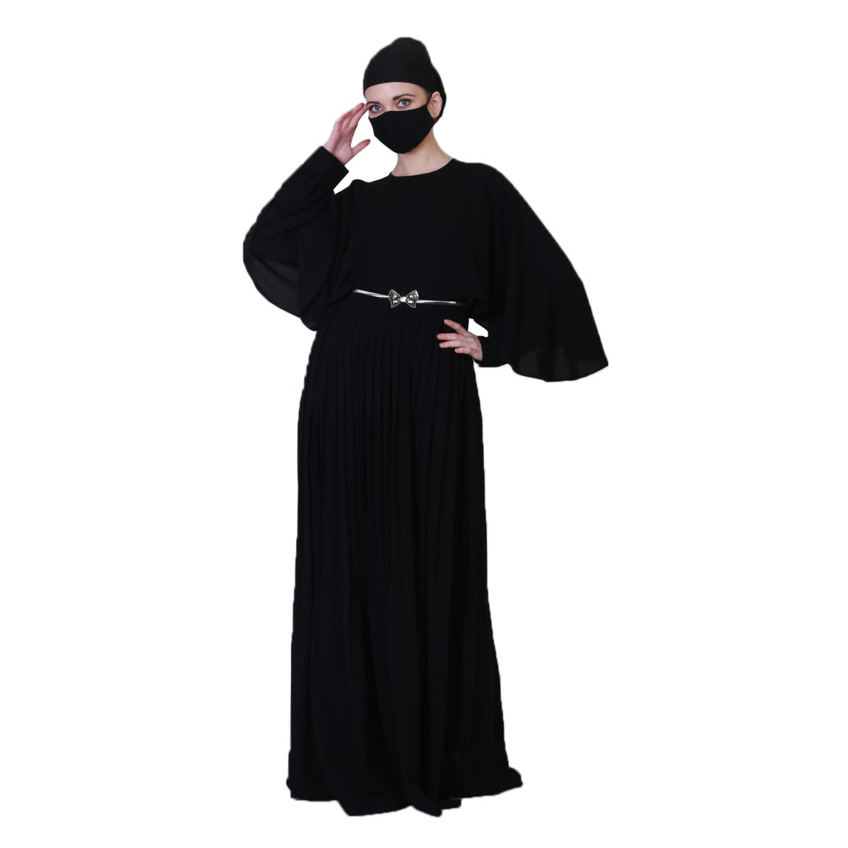 Elegant Dress With Metallic Belt And A Matching Hijab.