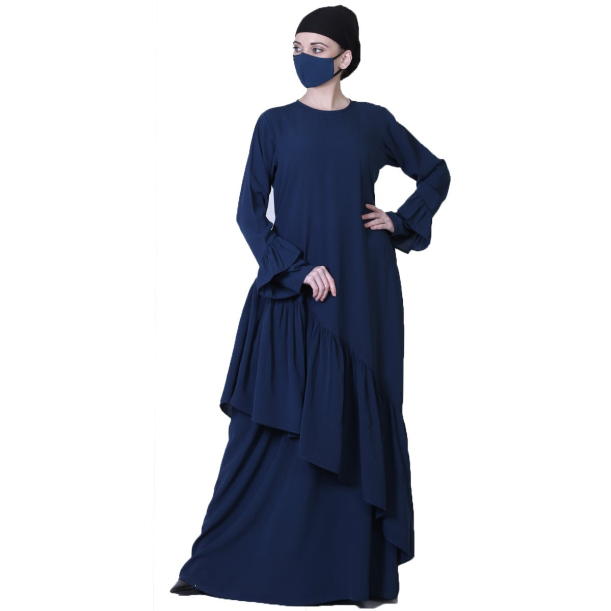 Pretty Dress With Frills, Bell Sleeves, Belt And A Stole Hijab