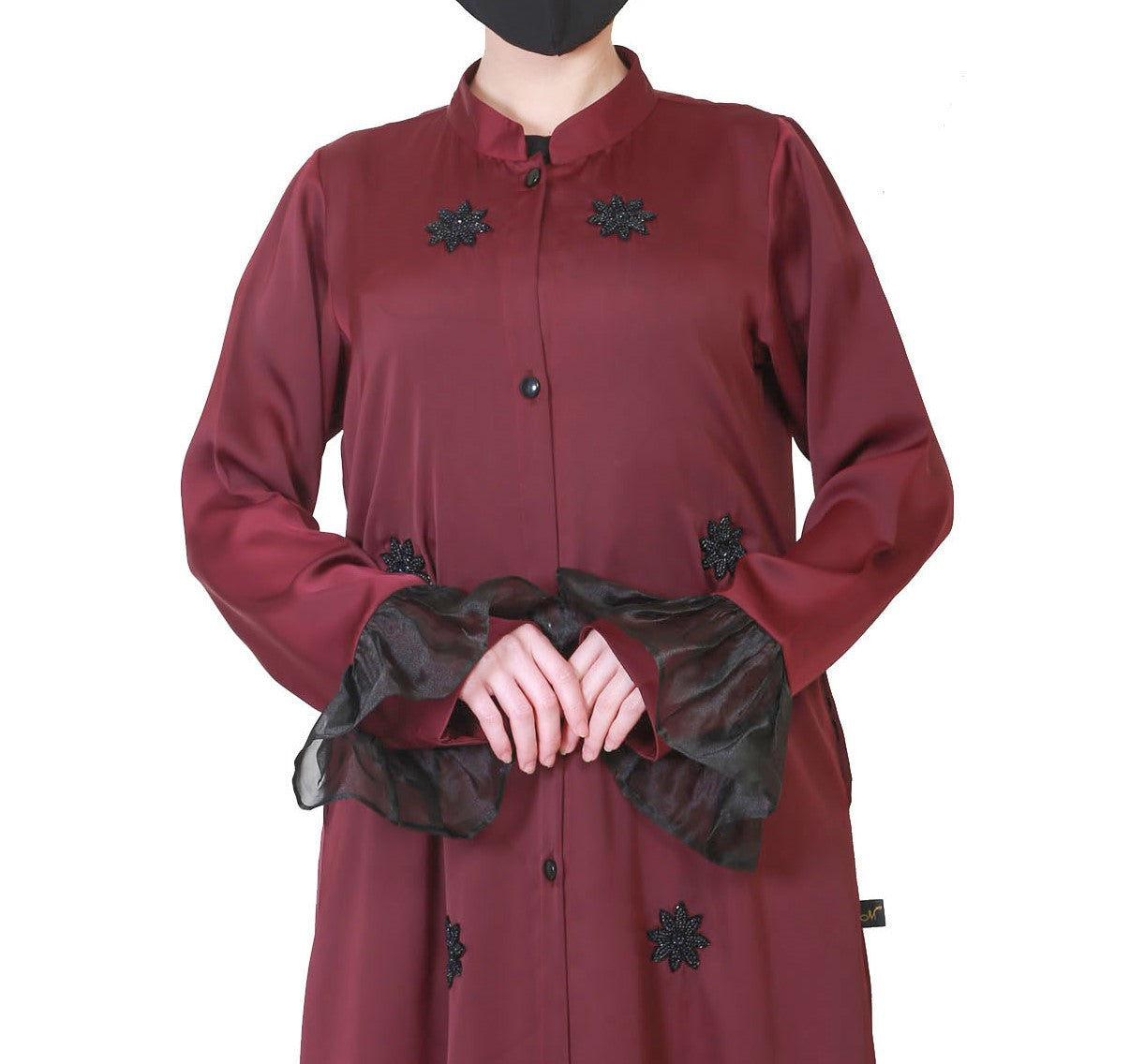 Front Open Abaya Like Dress With Handwork On Bodice And Organza Sleeves.