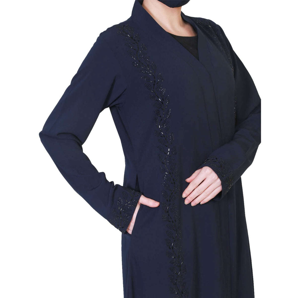 Elegant-Open Abaya With Stonework and A Matching Hijab.