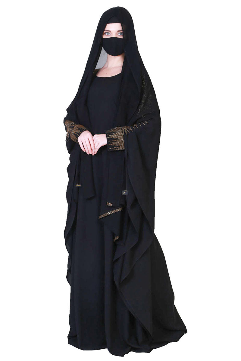 Beautiful Black Kaftan Abaya With Golden Stonework And A Matching Hijab.