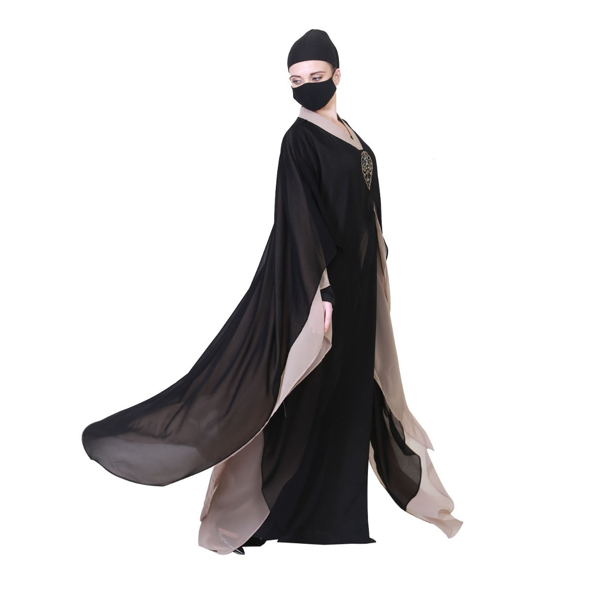 Three Pieces Set Of An Inner Abaya, A Dual Layered Cape Like Shrug And A Matching Hijab