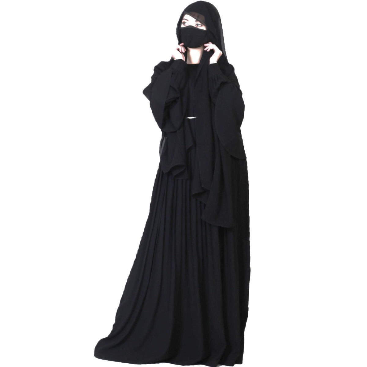 Elegant Dress With Metallic Belt And A Matching Hijab.
