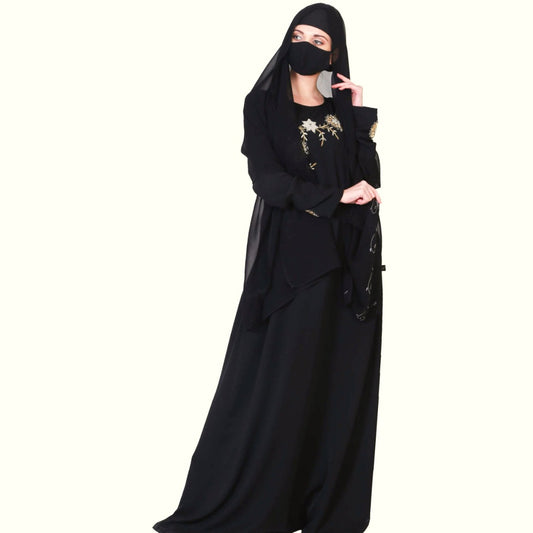A Line Abaya Like Dress With Handwork On Bodice And Sleeves.