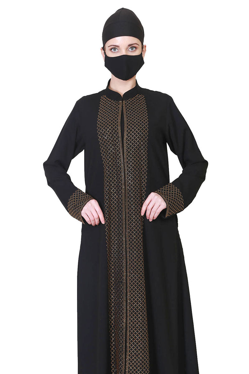 Front Open Abaya Like Dress With Stone Work On Bodice And Sleeves.