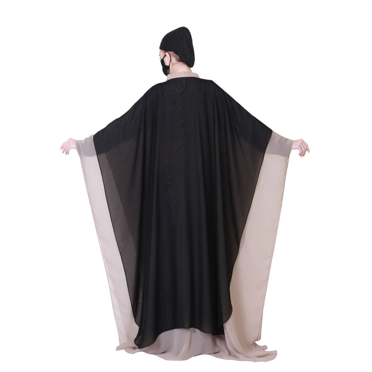 Three Pieces Set Of An Inner Abaya, A Dual Layered Cape Like Shrug And A Matching Hijab