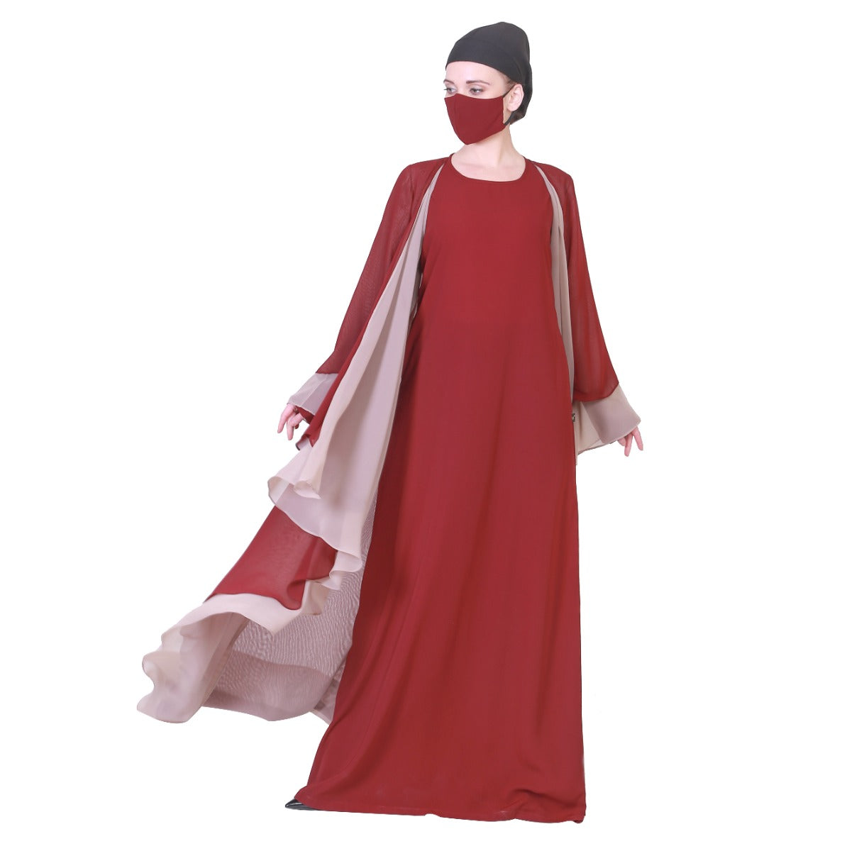 Three Pieces Set Of An Inner Abaya, A Dual Layered Shrug And A Matching Hijab