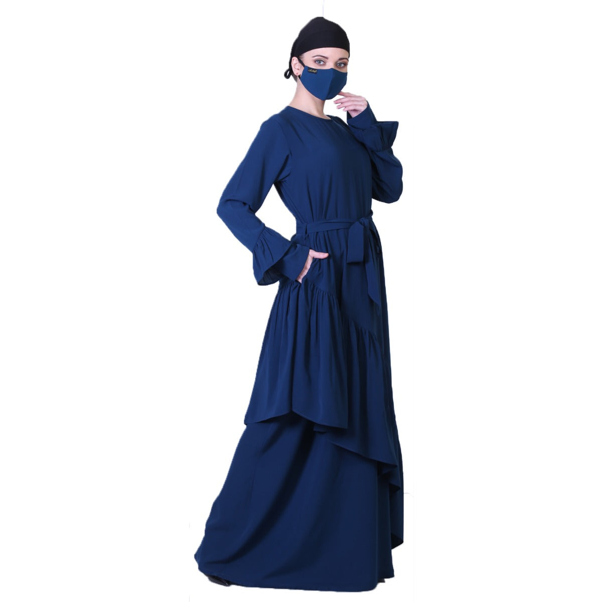 Pretty Dress With Frills, Bell Sleeves, Belt And A Stole Hijab