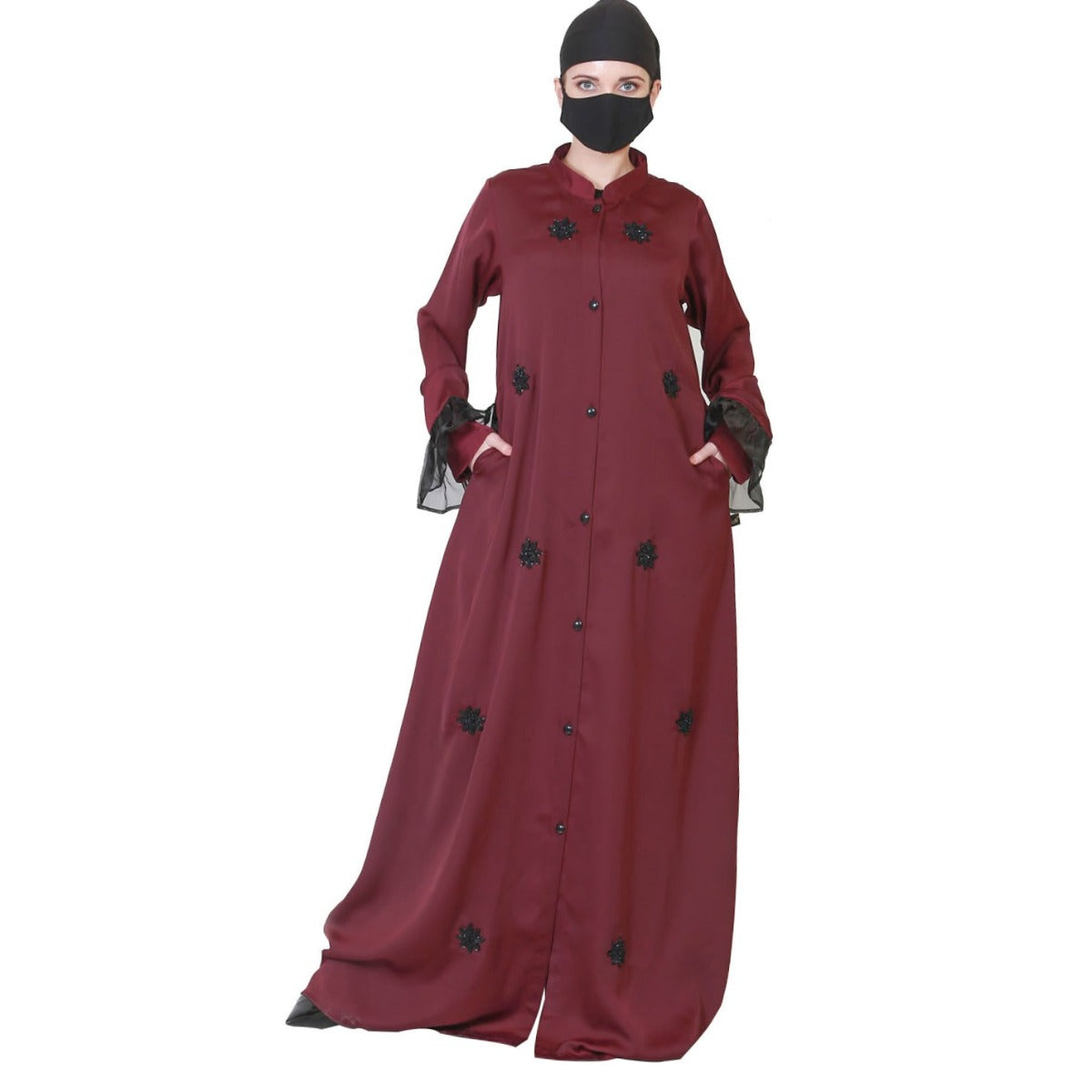 Front Open Abaya Like Dress With Handwork On Bodice And Organza Sleeves.