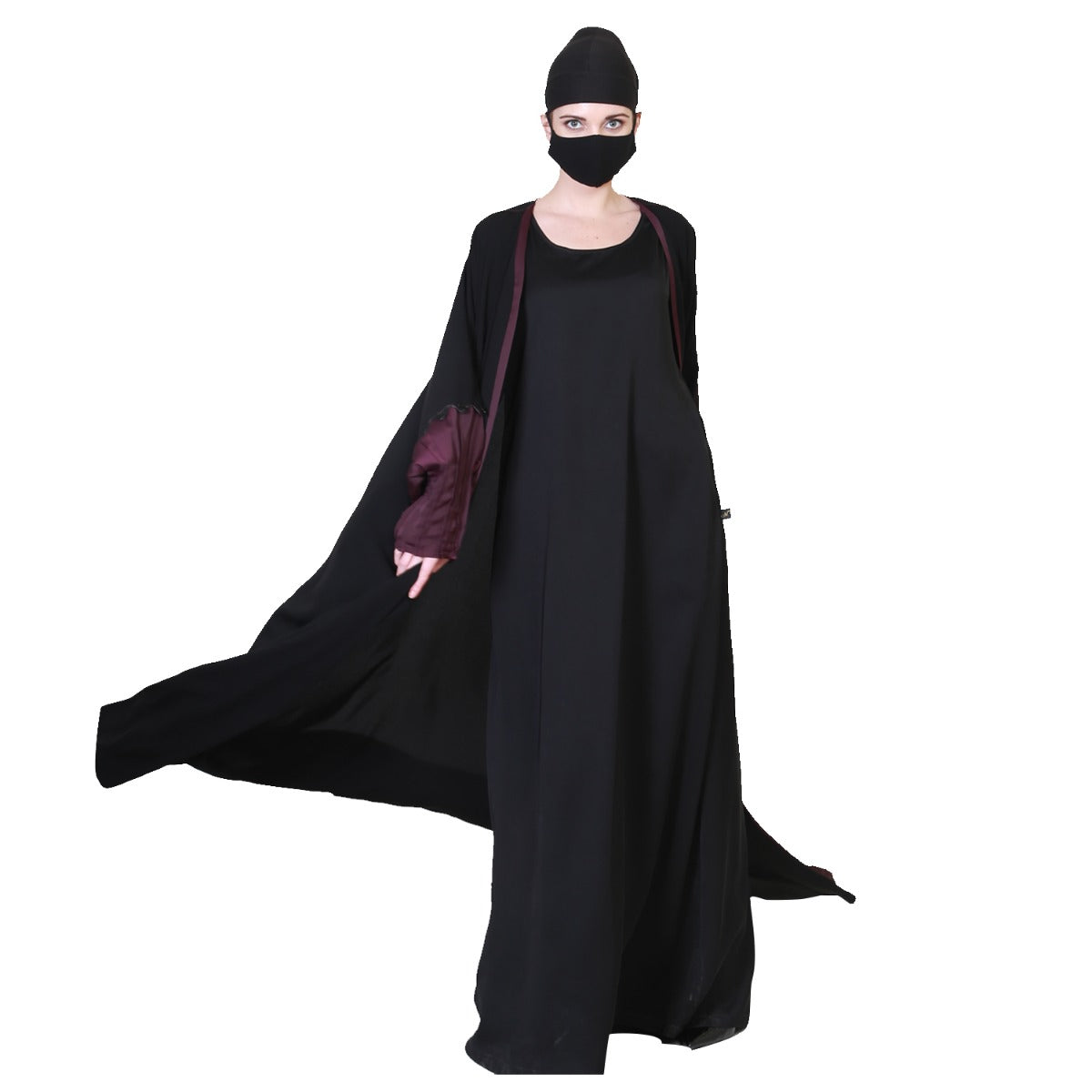 Three Pieces Set Of An Inner Abaya and a Dual Color Kaftan and a Matching Hijab.