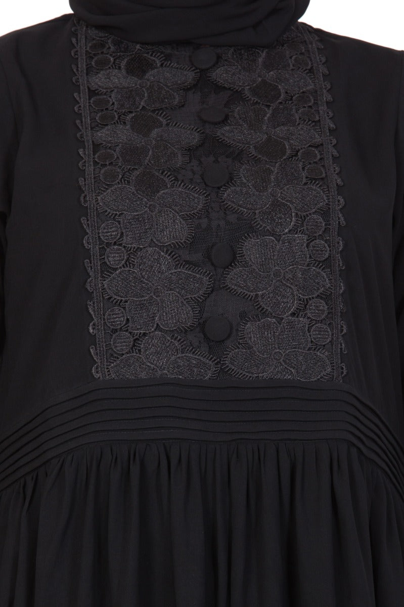 Designer Abaya with Lacework and Flare-Black