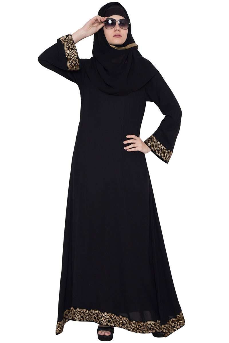 Black Abaya With Golden Embroidered Lace