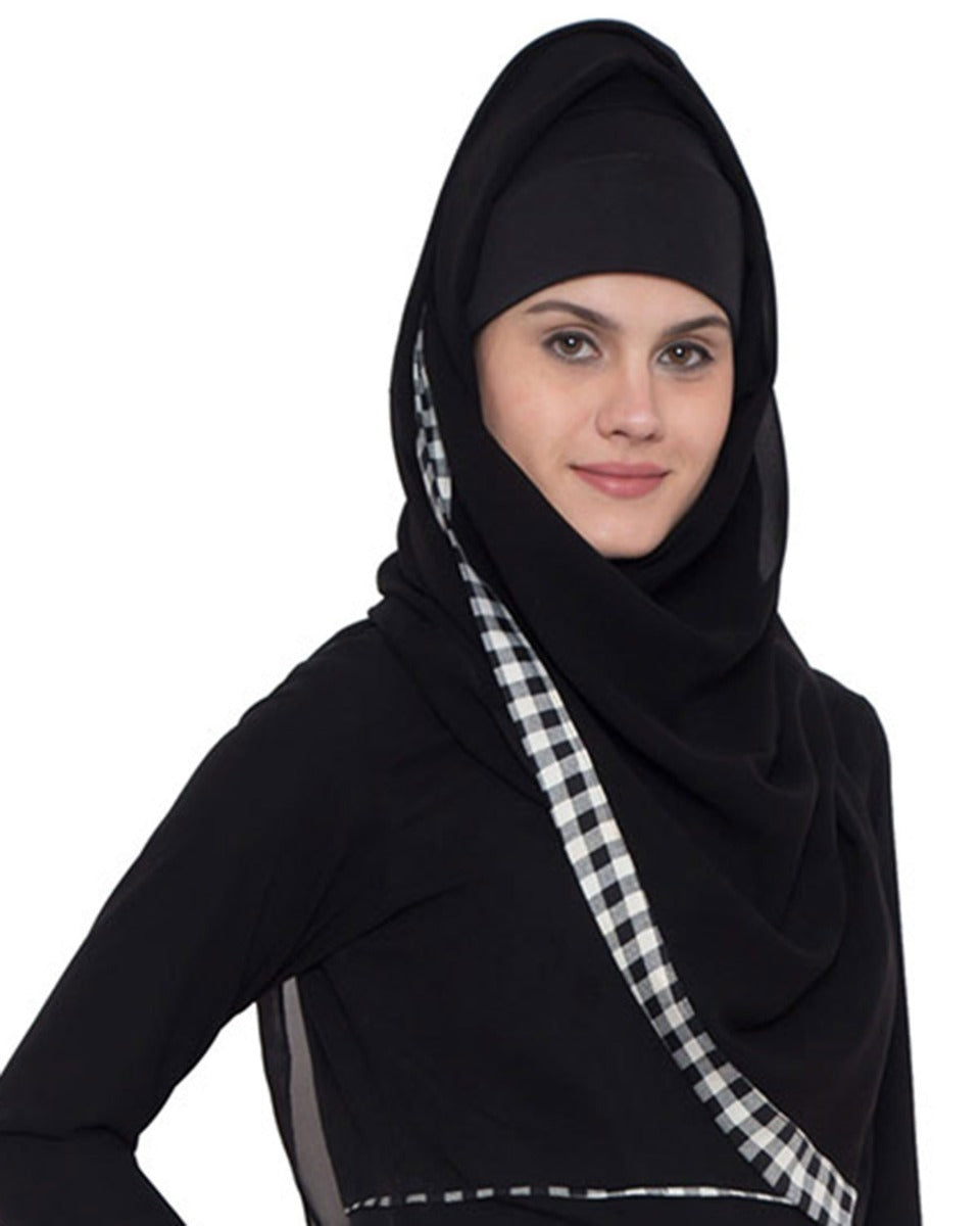 Black Georgette Hijab With Black & White Border