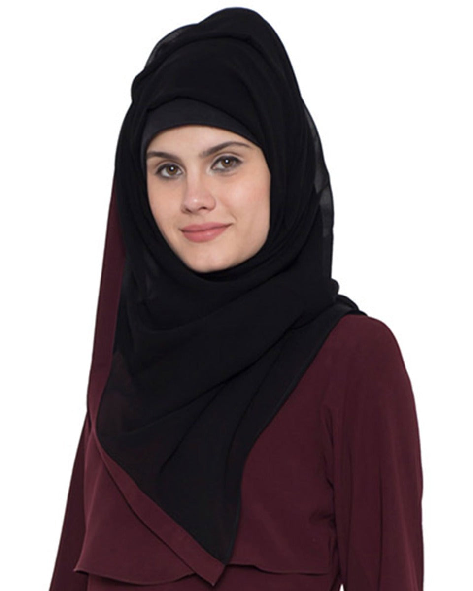 Black Georgette Hijab With Wine Color Border