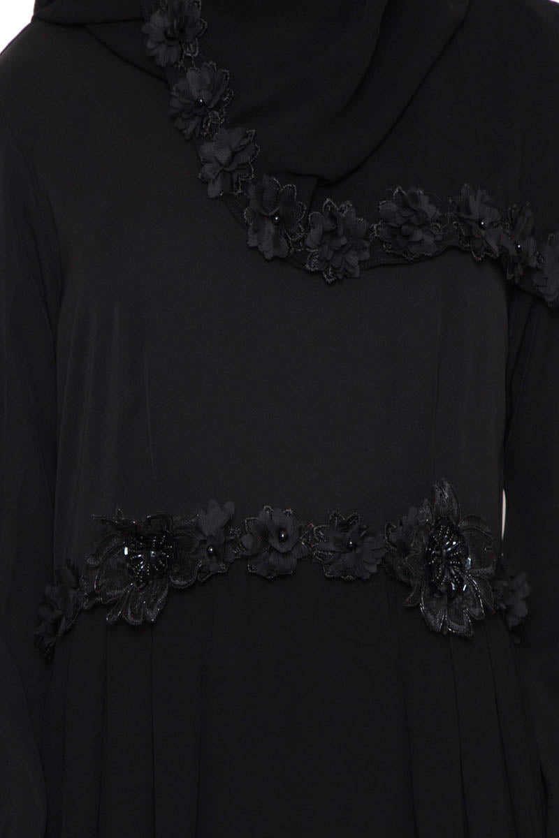 Designer Burqa With Black Flower Lace