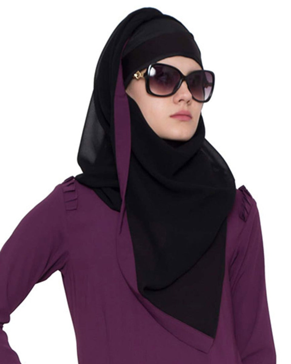 Black Georgette Hijab With Purple Color Border