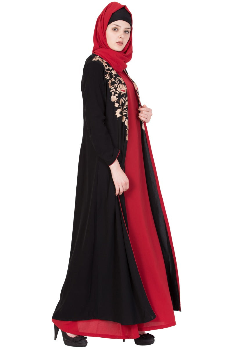 Stylish Abaya with Embroidery | Two Pc Set- Red & Black
