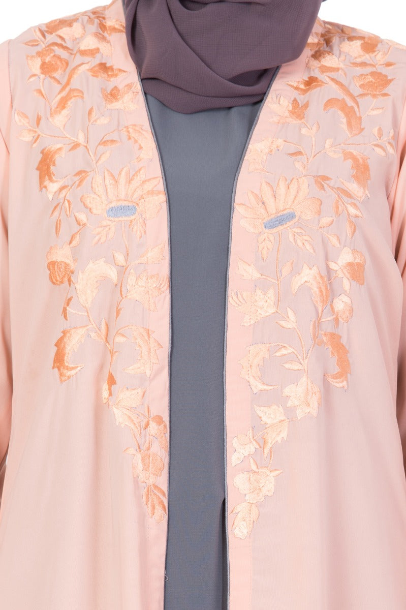 Stylish Abaya with Embroidery | Two Pc Set- Pink & Gray