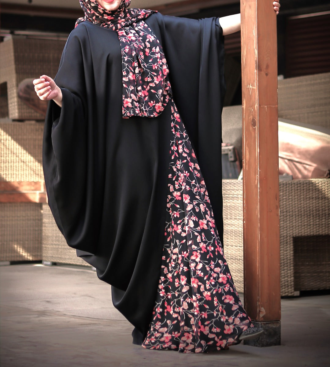 Elegant Black Kaftan With A Printed Panel Inserted Within.