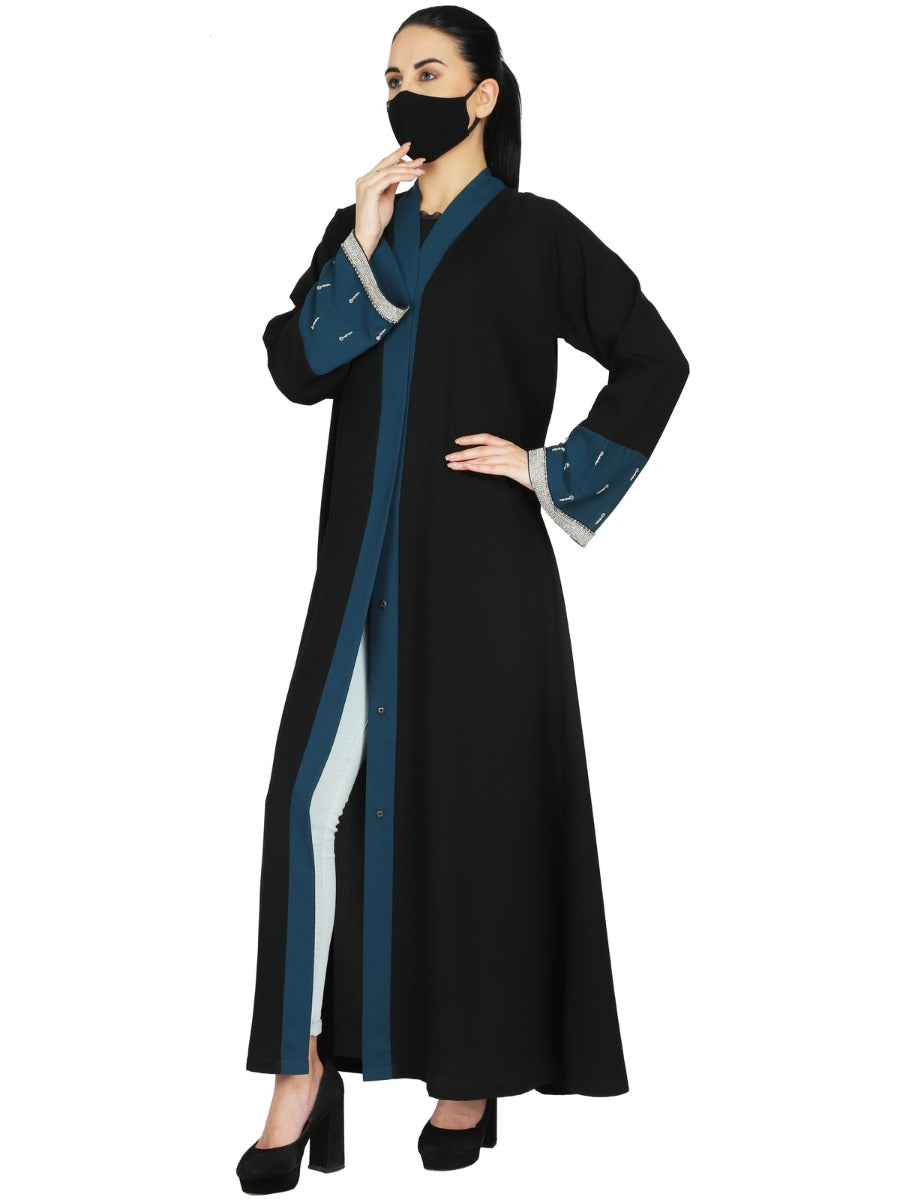 Front Open Abaya With Contrast Panels and Handwork Embellishment