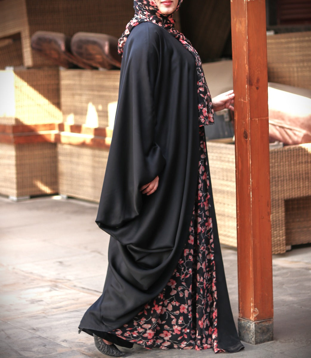 Elegant Black Kaftan With A Printed Panel Inserted Within.